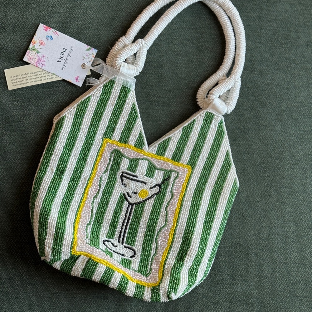 Viral Martini Green and White Striped Beaded Bag | Beaded purse